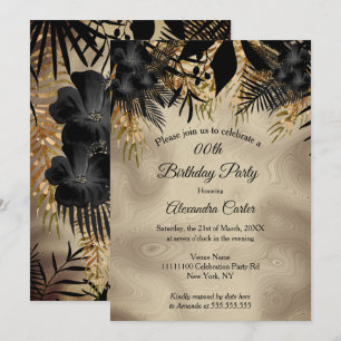Invitation Soirée d'Anniversaire Beige Gold Black Floral