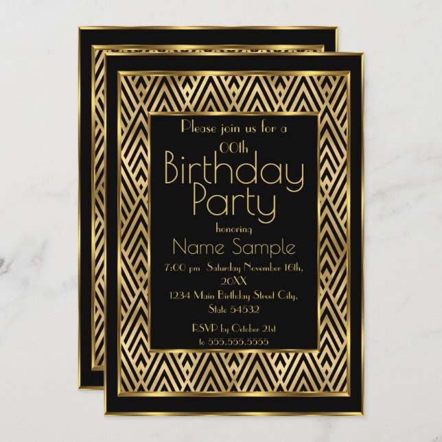 Invitation Soirée d'Anniversaire Black Gold Art Déco Chevron (Devant / Derrière)