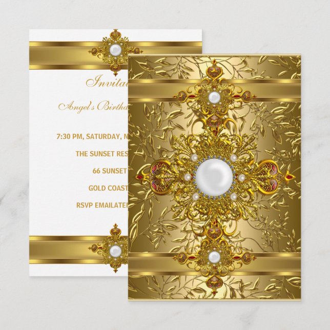 Invitation Soirée d'Anniversaire Blanc Orné Riche Or (Devant / Derrière)