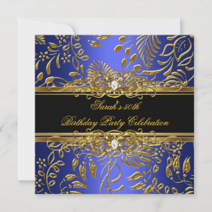 Invitation Soirée d'anniversaire Bleu Black Gold Damask