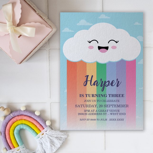Invitation Soirée d'Anniversaire Cute Cloud et Rainbow (Créateur téléchargé)