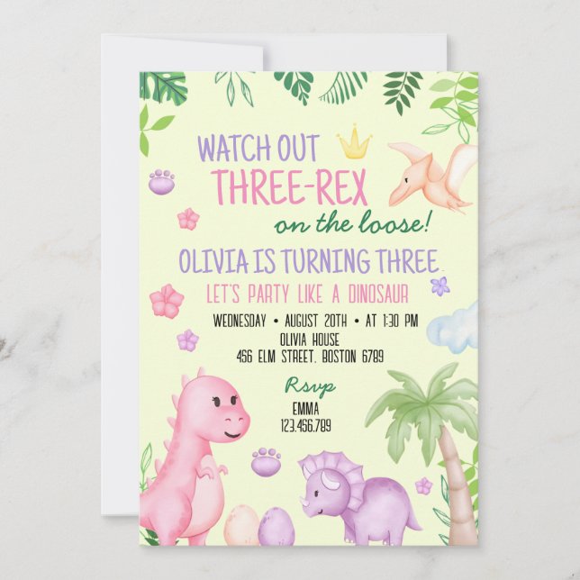 Invitation Soirée d'anniversaire de la fille Cute Dino (Devant)