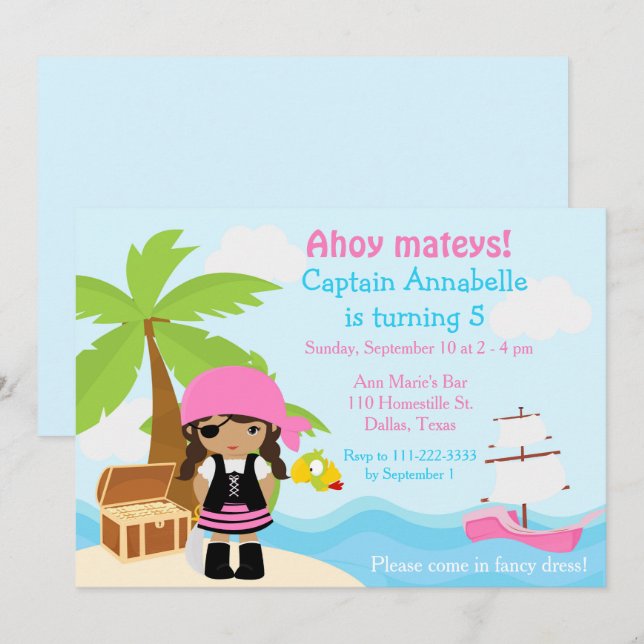 Invitation Soirée d'anniversaire de la mignonne fille pirate  (Devant / Derrière)