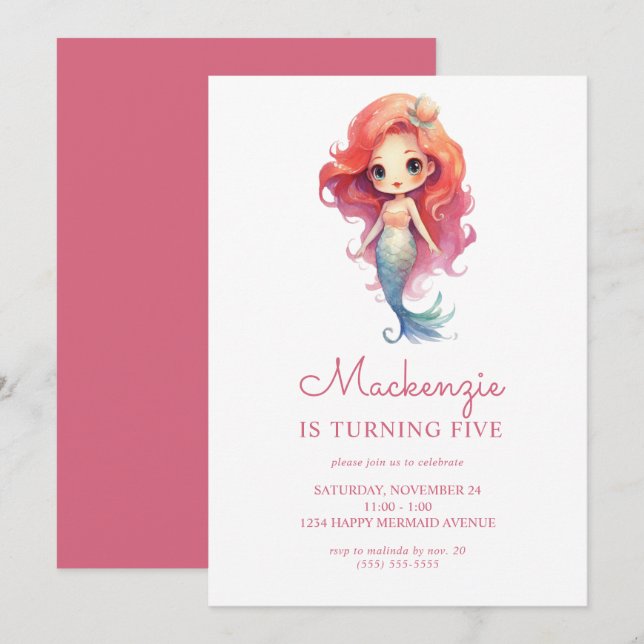 Invitation Soirée d'anniversaire de la mignonne sirène (Devant / Derrière)