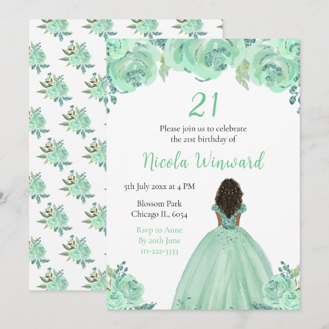 Invitation Soirée d'anniversaire de la princesse de peau fonc (Devant / Derrière)