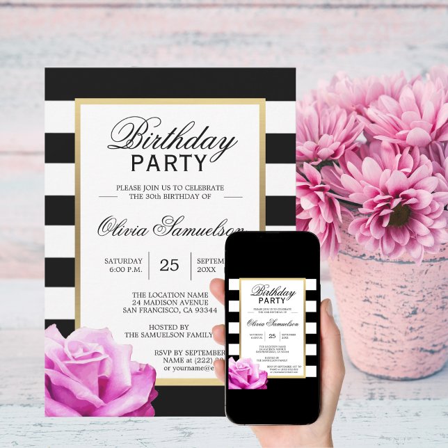 Invitation Soirée d'anniversaire de l'élégante Black White Ro (Créateur téléchargé)