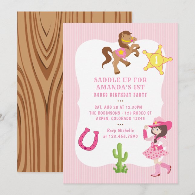 Invitation Soirée d'anniversaire de Pink Cowgirl (Devant / Derrière)