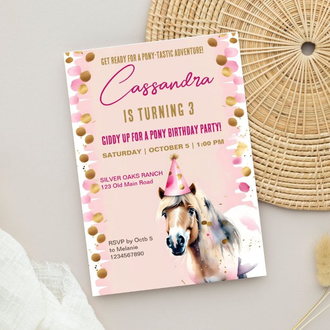 Invitation Soirée d'anniversaire de Pony mignon pony en or ar (Pony birthday party template invitation digital download cute pony horse wearing party hat gold pink)