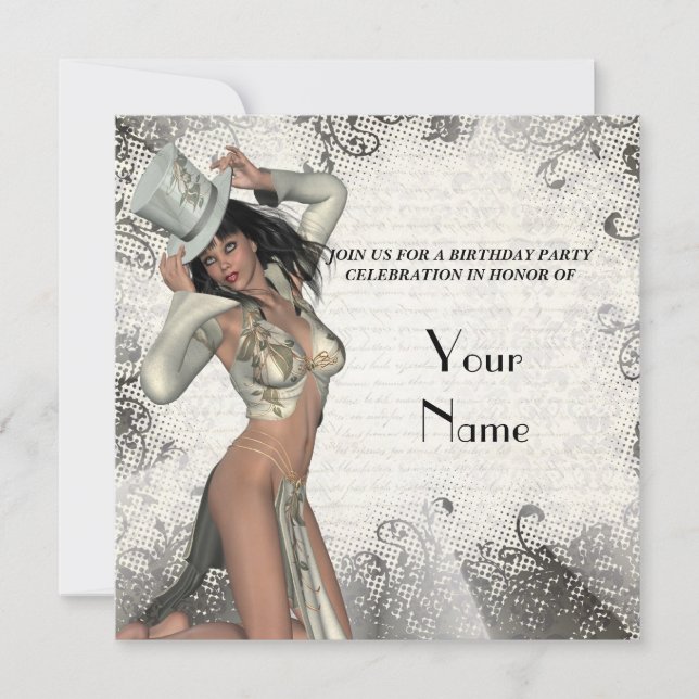 Invitation Soirée d'anniversaire de showgirl en argent (Devant)