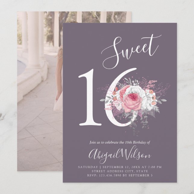 Invitation Soirée d'anniversaire de sweet sixteen floral mode (Devant / Derrière)
