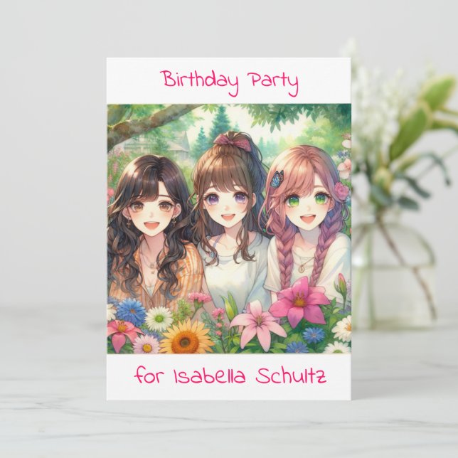 Invitation Soirée d'Anniversaire des filles d'Anime mignonne (Debout devant)