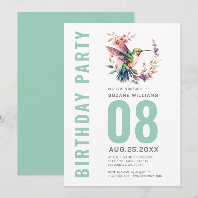 Invitation Soirée d'anniversaire des Hummingbirds Floral Wrea (Devant / Derrière)