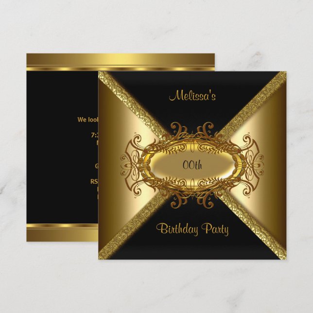 Invitation Soirée d'Anniversaire d'or noir élégant (Devant / Derrière)