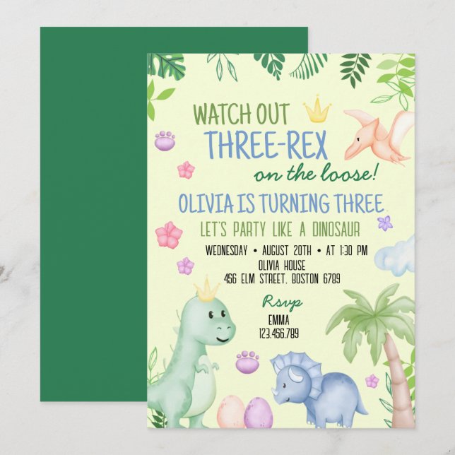 Invitation Soirée d'anniversaire du garçon Cute Dino (Devant / Derrière)