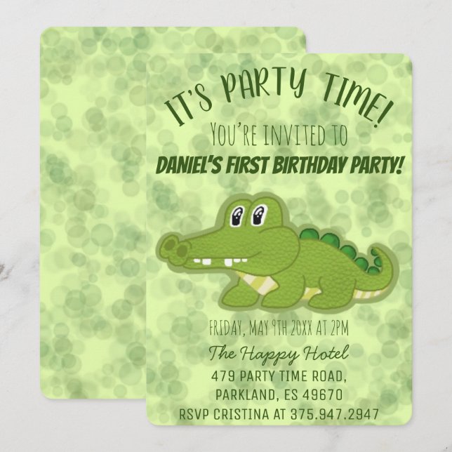 Invitation Soirée d'anniversaire du petit crocodile (Devant / Derrière)
