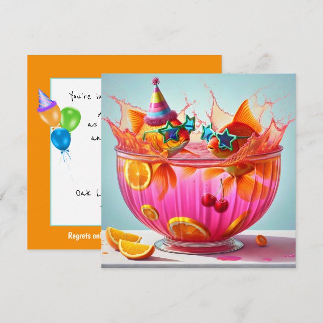 Invitation Soirée d'anniversaire du poisson rouge (Devant / Derrière)