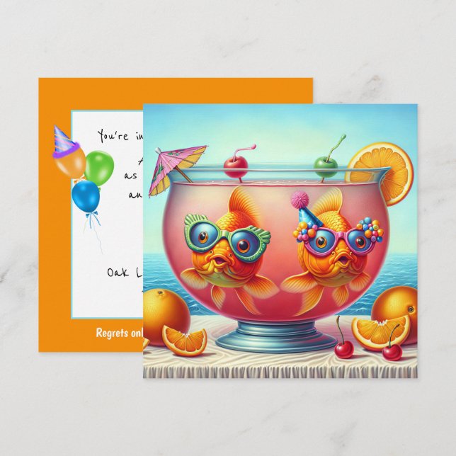Invitation Soirée d'anniversaire du poisson rouge (Devant / Derrière)