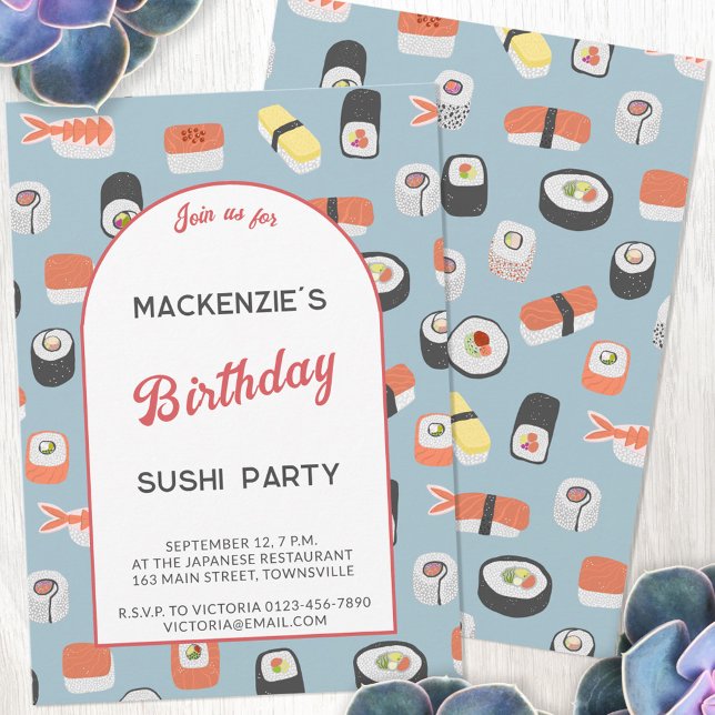 Invitation Soirée d'anniversaire du Sushi (Fun Japanese sushi food art themed birthday party invitation with personalized custom text)