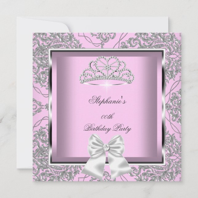 Invitation Soirée d'anniversaire Elegant rose Damask Argent (Devant)