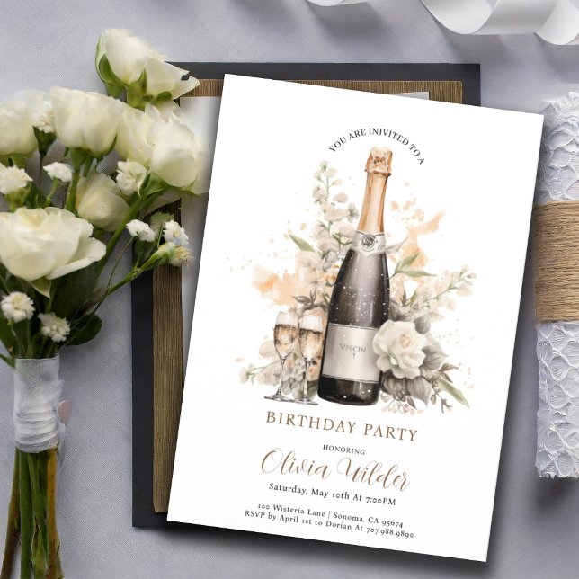 Invitation Soirée d'anniversaire élégante | Floral de champag (Créateur téléchargé)