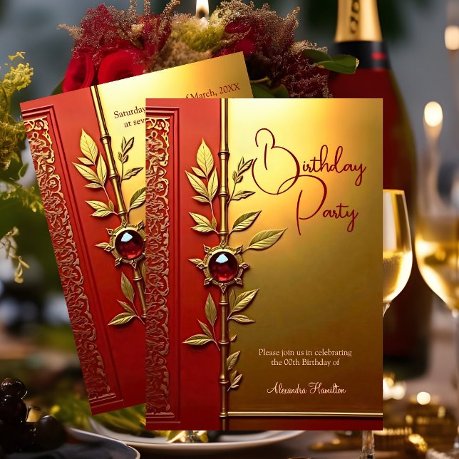 Invitation Soirée d'anniversaire élégante Red Gold Ornate (Créateur téléchargé)