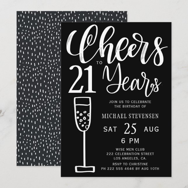 Invitation Soirée d'anniversaire en noir et blanc de 21 ans (Devant / Derrière)