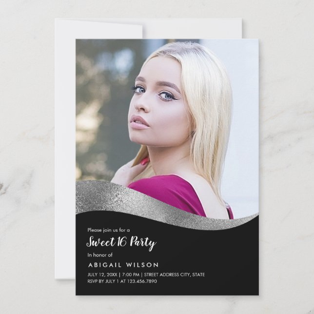 Invitation Soirée d'anniversaire en sweet sixteen noir argent (Devant)