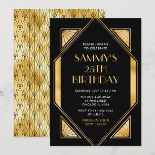 Invitation Soirée d'anniversaire Gold et Black Art Déco