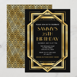 Invitation Soirée d'anniversaire Gold et Black Art Déco
