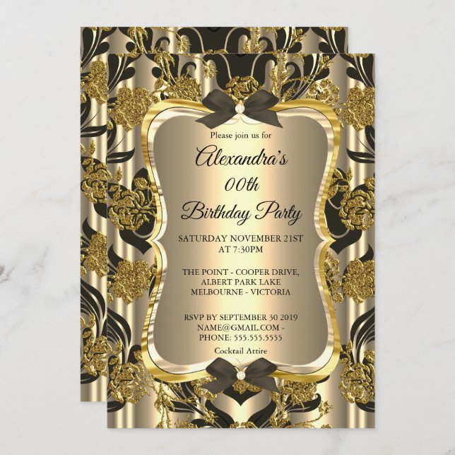 Invitation Soirée d'Anniversaire Gold Sepia Black Damask (Devant / Derrière)