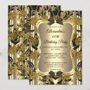 Invitation Soirée d'Anniversaire Gold Sepia Black Damask