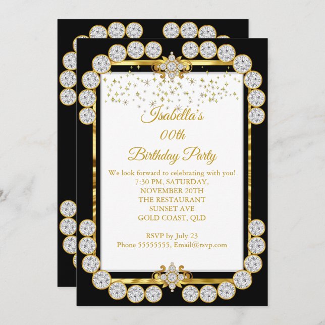 Invitation Soirée d'Anniversaire Gold White Black Diamond (Devant / Derrière)