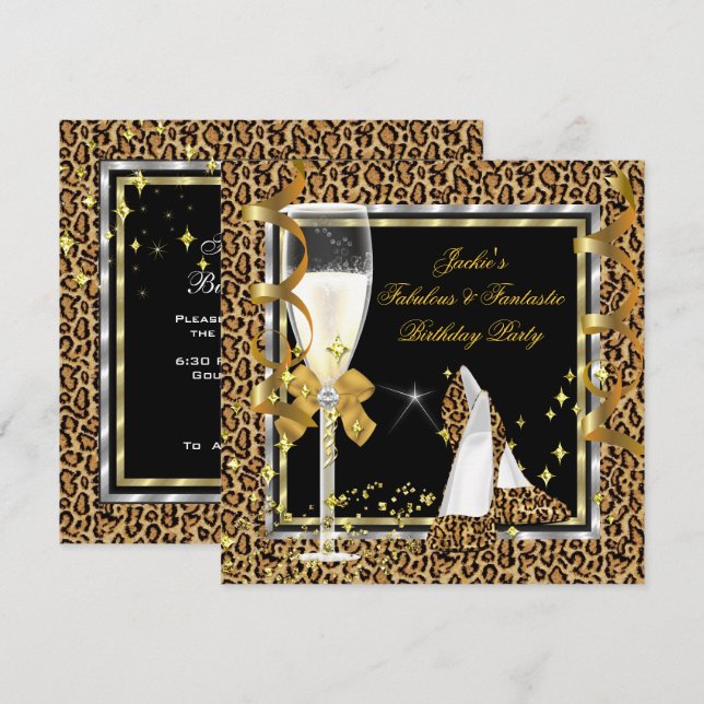 Invitation Soirée d'Anniversaire Leopard Black Silver (Devant / Derrière)