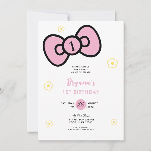 Invitation Soirée d'Anniversaire Mignonne Rose Bow (Devant)