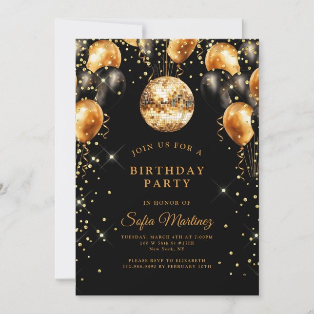Invitation Soirée d'anniversaire moderne élégante Black Gold (Devant)
