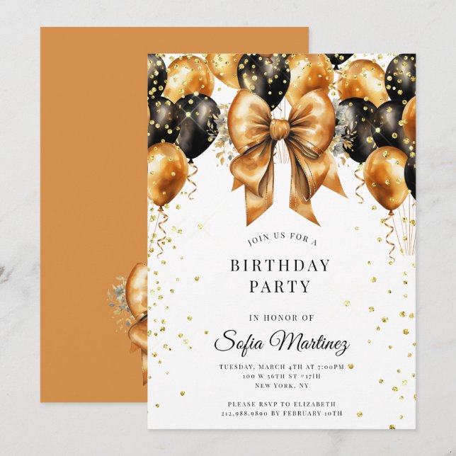 Invitation Soirée d'Anniversaire Moderne Elégante Noir Or sur (Devant / Derrière)