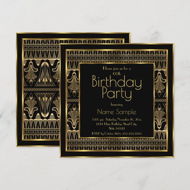 Invitation Soirée d'Anniversaire Noir Gold Art Déco (Devant / Derrière)