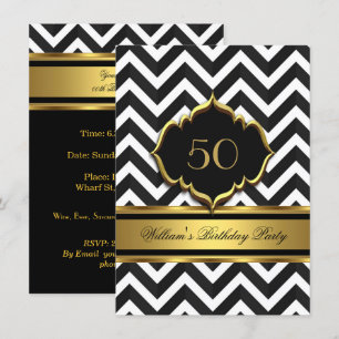 Invitation Soirée d'Anniversaire Noir Or Blanc Chevron