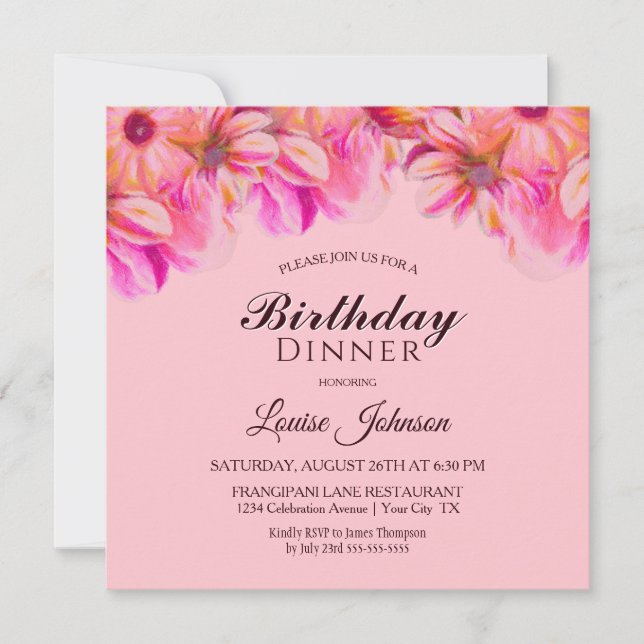 Invitation Soirée d'anniversaire rose et jaune Floral (Devant)