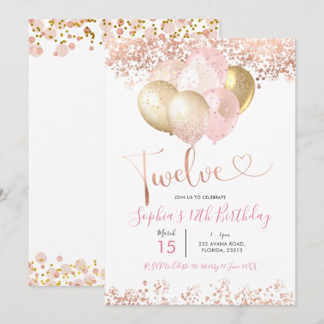 Invitation Soirée d'anniversaire rose et or Douze (Devant / Derrière)