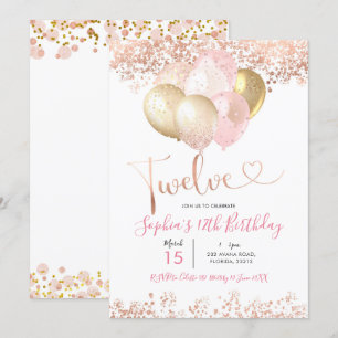 Invitation Soirée d'anniversaire rose et or Douze