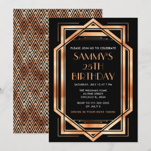 Invitation Soirée d'anniversaire rose Gold et Black Art Déco
