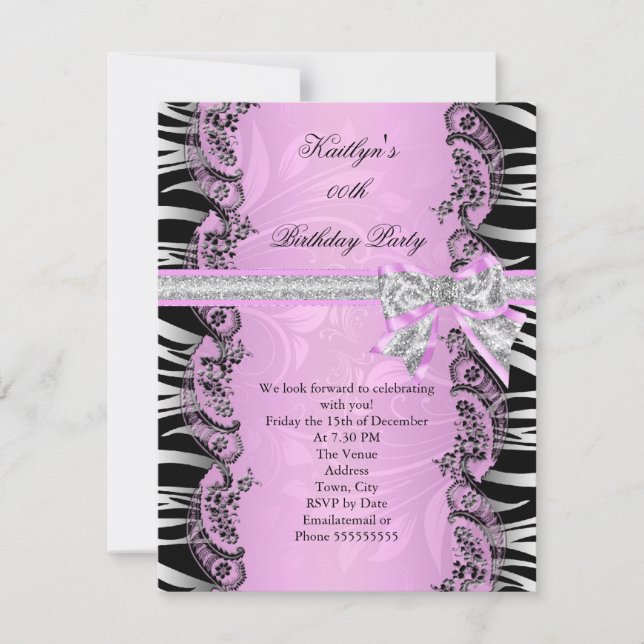 Invitation Soirée d'anniversaire rose noir Zebra (Devant)