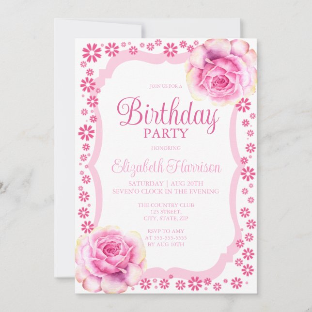 Invitation Soirée d'Anniversaire Rose Rose Floral Blanc (Devant)