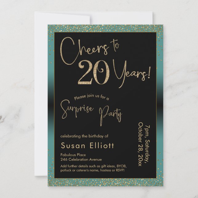 Invitation Soirée d'anniversaire surprise de 20 ans, Turquois (Devant)