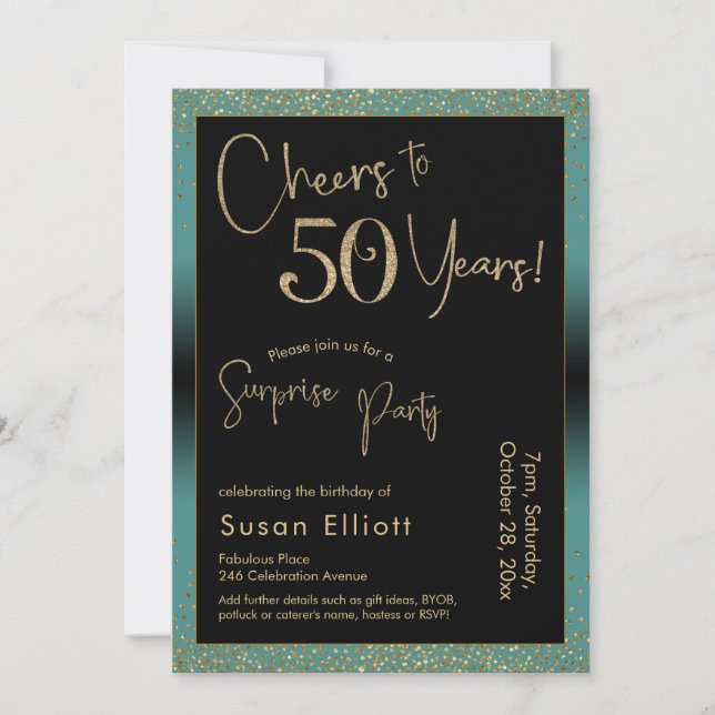 Invitation Soirée d'anniversaire surprise de 50 ans, Turquois (Devant)