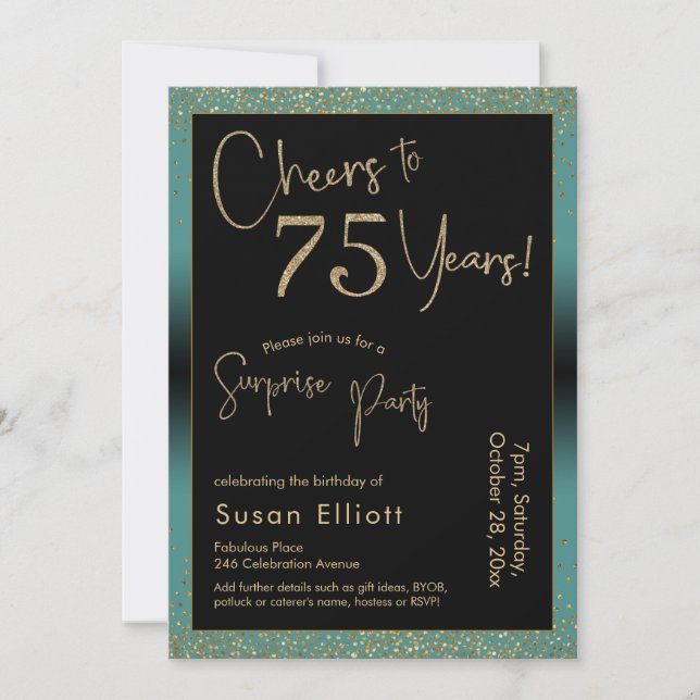 Invitation Soirée d'anniversaire surprise de 75 ans, Turquois (Devant)