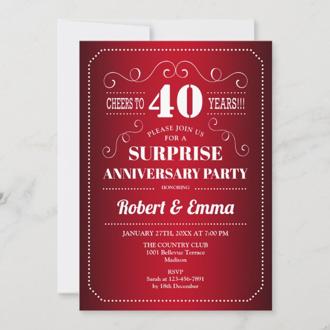 Invitation Soirée d'anniversaire surprise pour les 40 ans - R (Devant)
