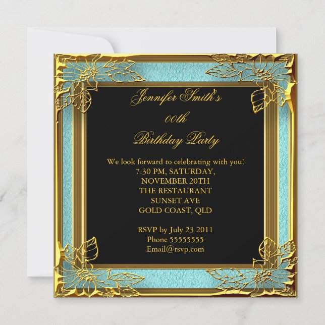 Invitation Soirée d'anniversaire Turquoise Blue Black Gold (Devant)