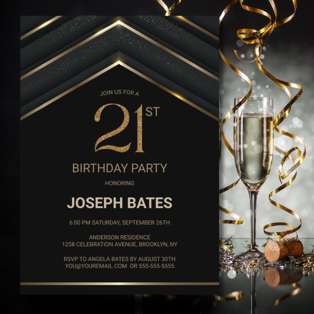 Invitation Soirée de 21e anniversaire de l'élégant Black Gold (Créateur téléchargé)